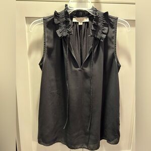 LOFT Black ruffle tie collar mixed media top